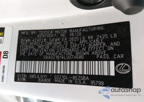 2020 Lexus Es 350 из США, поврежденный, VIN 58ADZ1B14LU074686